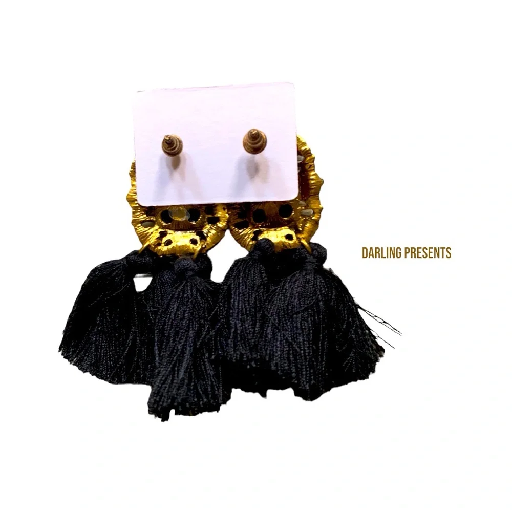 Gemstone Crystal Tassel Drop Earrings Women Color Black & Gold
